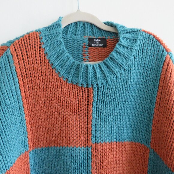 DRESSED IN LALA Rue Oversized Checkered Knit Sweater in Rust Blue - Size S/M - Picture 4 of 13